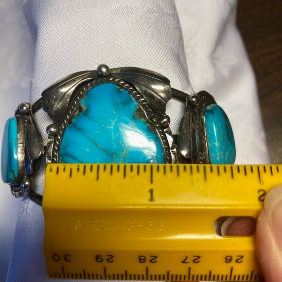 Navajo Signed Vintage 3 Stone Kingman Turquoise & Sterling Silver Bracelet Rare - Picture 8 of 12